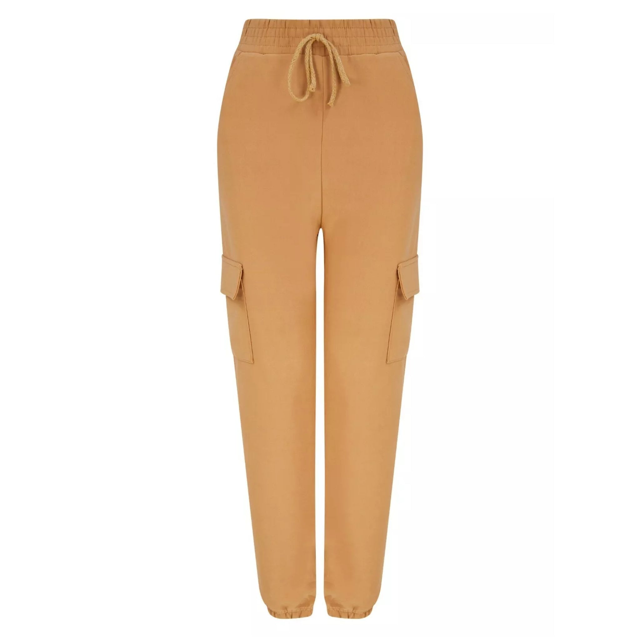 Women's camel combat-style joggers with elasticated waistband, drawstring tie, and side cargo pockets – casual utility trousers